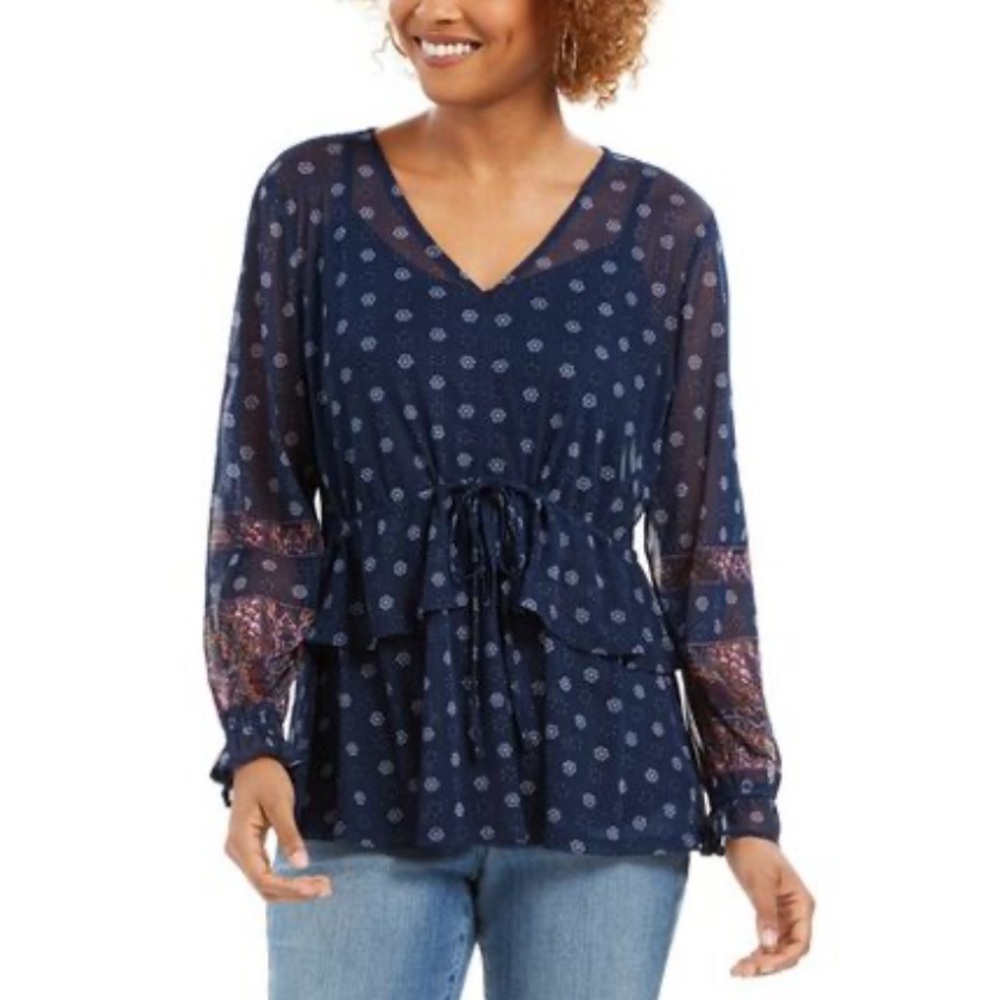 NWT Style & Co Tie Front Floral Print Peasant Blouse